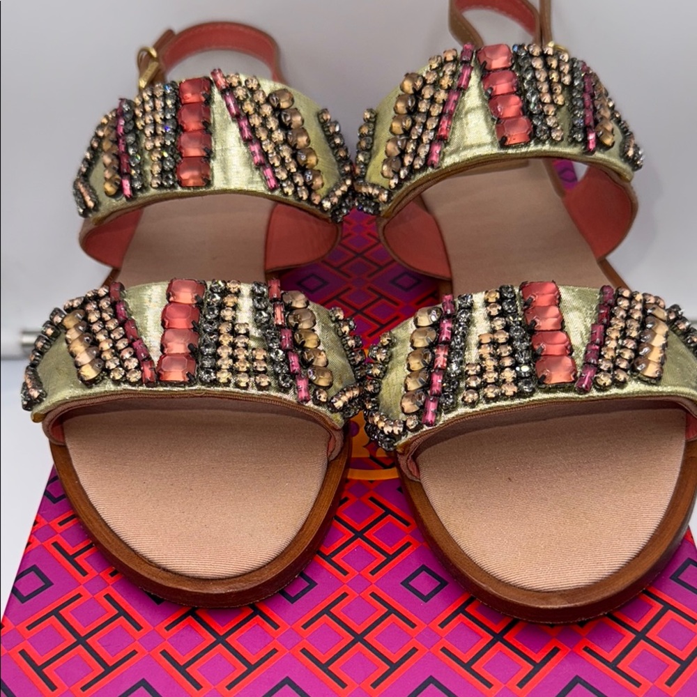Good Condition Tory Burch - Rhinestone Tanner Flat Sandals/ Pink & Tan